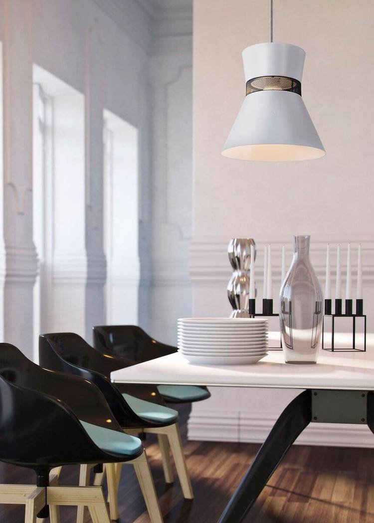 Wooden pendant for dining room with a round table.