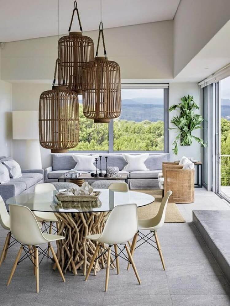 Rustic pendant in a minimalist and clean setting for modern dining room.
