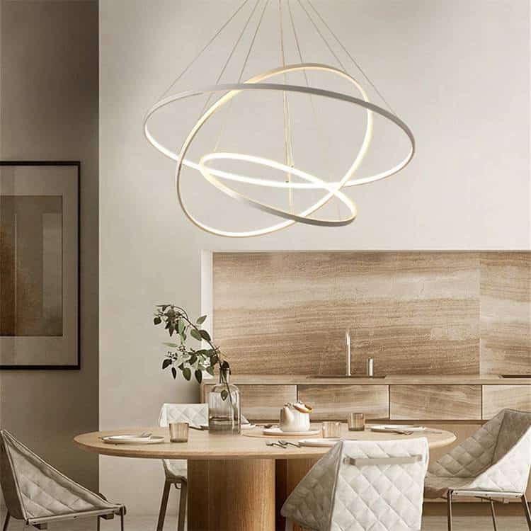 Modern LED pendant with three rings for dining room.