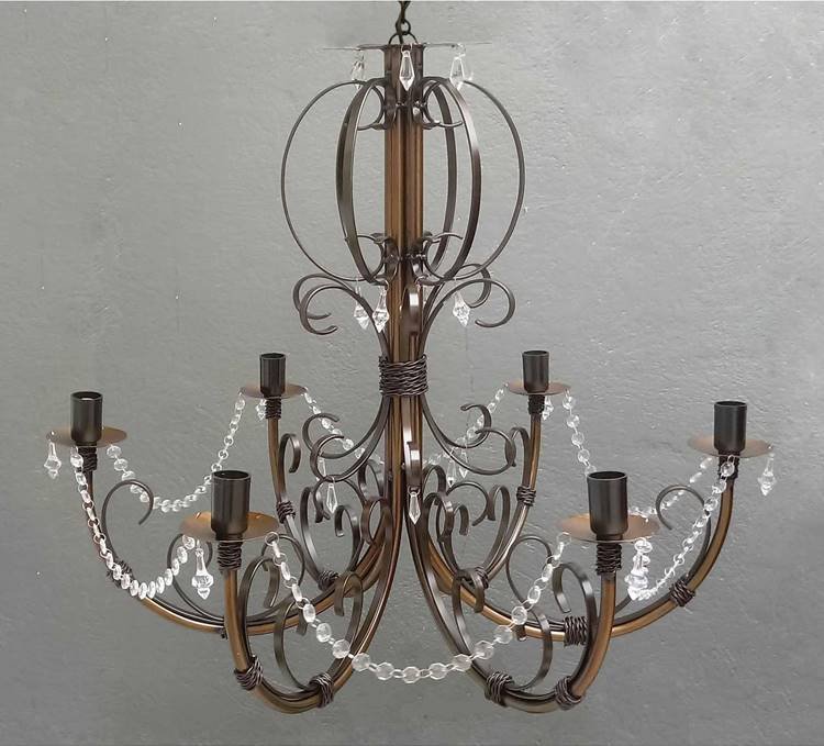 Rustic crystal and iron pendant for dining room.