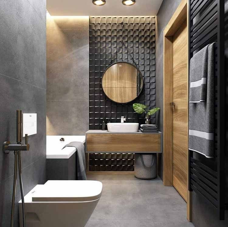 Black and gray, along with wood accents, look amazing in this bathroom.