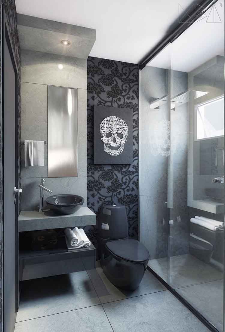 This black and gray bathroom is full of personality, ideal for a suite.