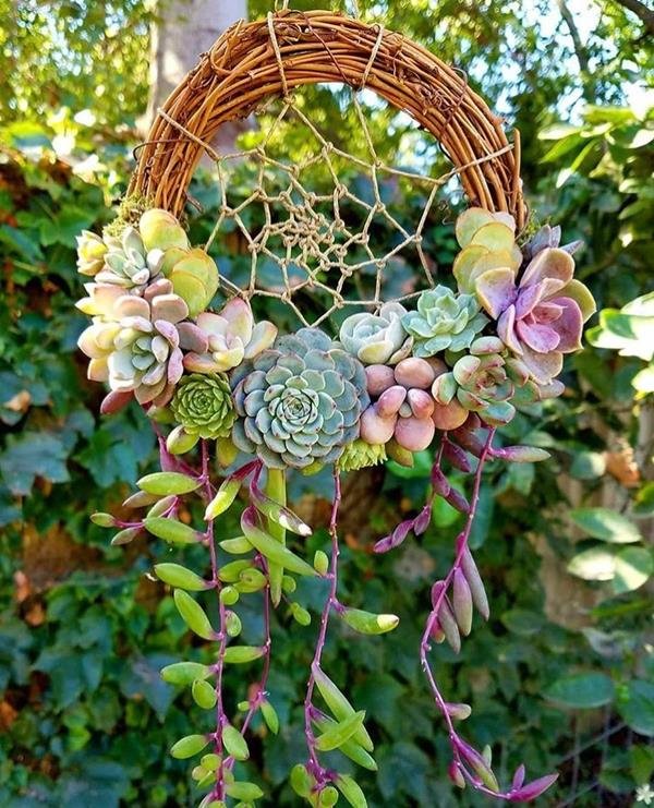 How about a succulent dream catcher? This is a good option to get an aerial arrangement, which can even be used at the house entrance.