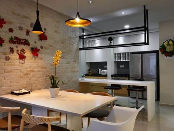 The ecological brick house has a decorated kitchen.