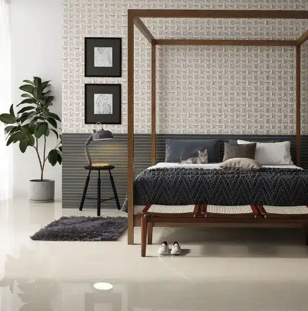 Porcelain flooring Pulpis Beige Polished was specified for this bedroom – Photo: Ceusa