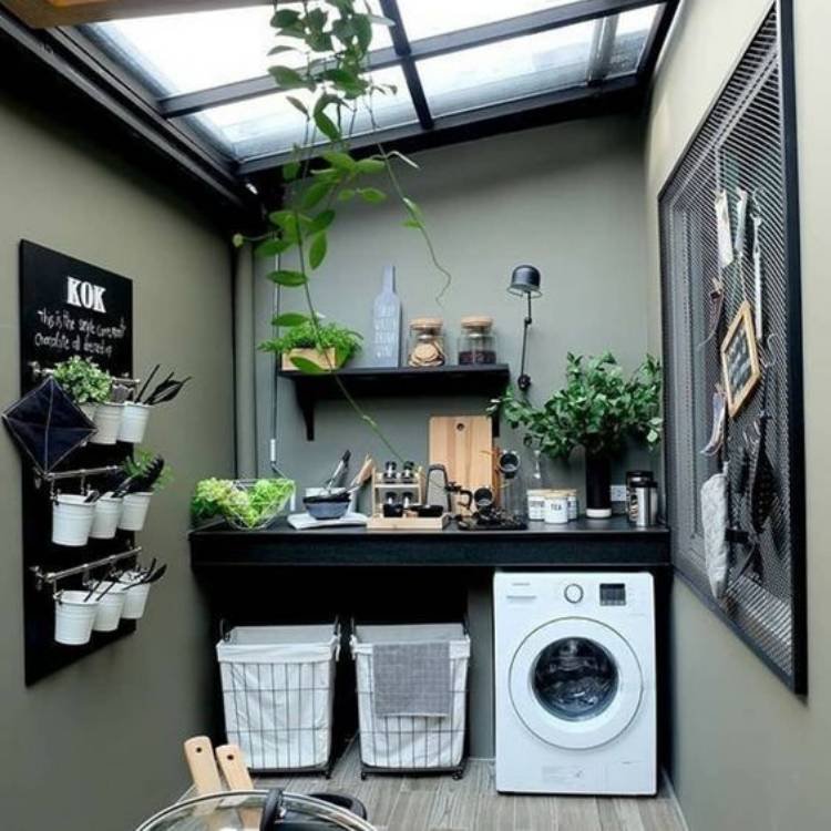 Modernized laundry area design combining green plants and contemporary elements.