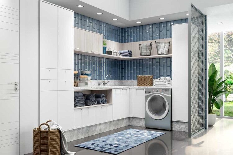 Sophisticated external laundry design with high-end finishes.