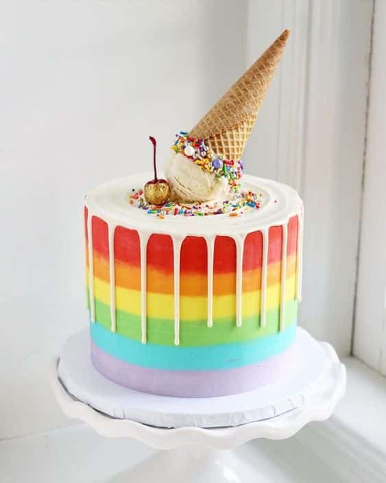 I love these cakes where the frosting looks like it is dripping, it’s a beautiful and delicate decoration that matches the rainbow cake