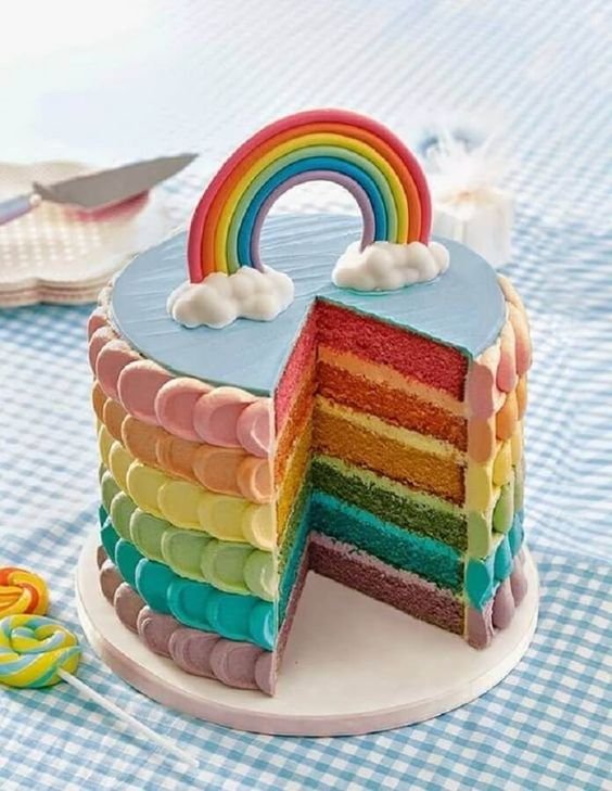 You can mix pastel and more vibrant shades in the cake batter and its decoration, or vice versa. Look how beautiful it is when cut: