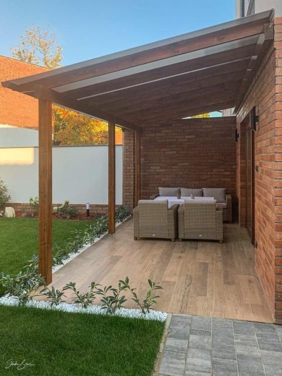 A thick layer of varnish on the wood porch provides enhanced durability and protection against weather conditions.