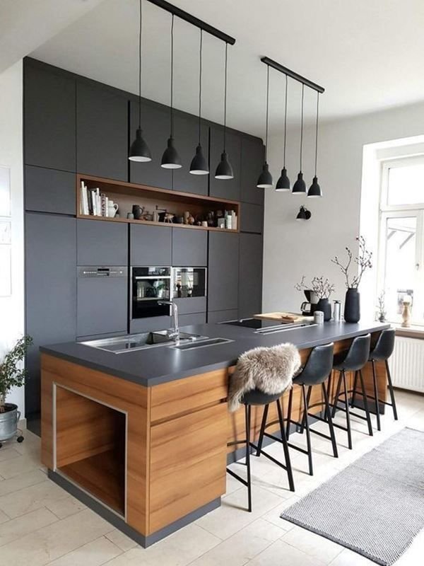 2. Black cabinets contributing to a modern kitchen aesthetic, complemented by other black elements to complete the decor.
