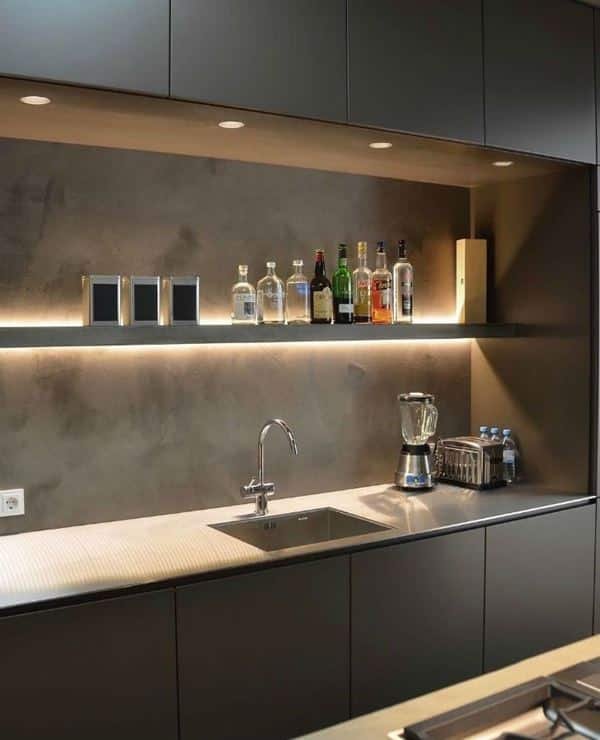 11. Effective use of lighting under upper cabinets to avoid diminishing space and create contrast.