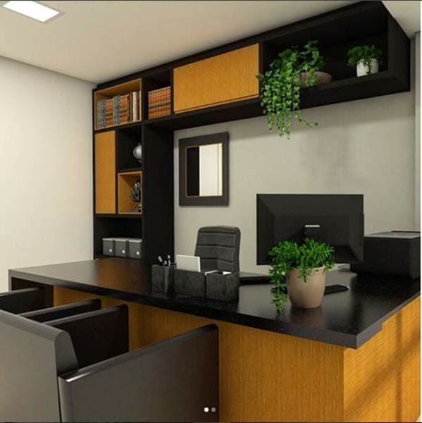 The highlight of this design is the combination of black with mustard yellow. The plants bring more lightness to the serious and formal environment.