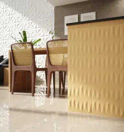 Ceramic for kitchen: the yellow Rubik tile, specified for this counter, is a satin finish ideal for barbecues, internal walls and decorated panels – Photo: Ceusa