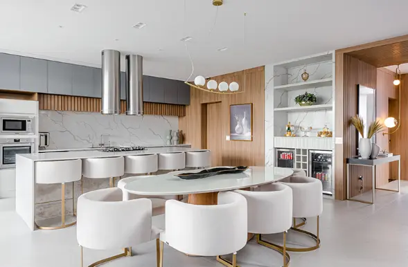 Kitchen countertop serving as a divider in American-style kitchens, valuable for storage or appliances.