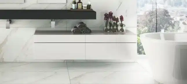 Versatile white porcelain tile that works in various settings, from minimalistic to vibrant and colorful.