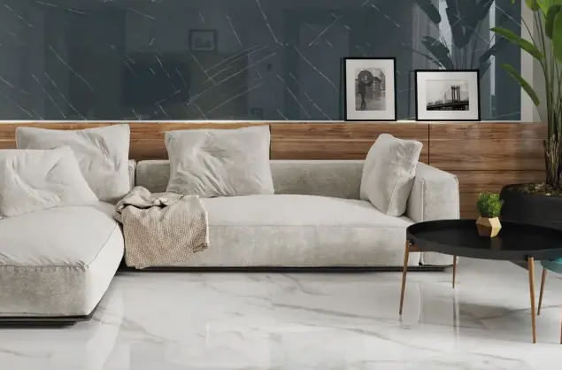 Black porcelain tile with white or golden veins that can be used as a striking feature wall.