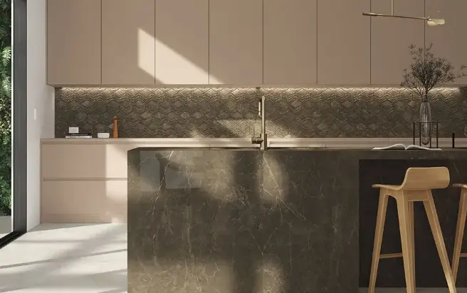 Brown porcelain tile recommended for serious environments, suitable for highlighting sections of a room.