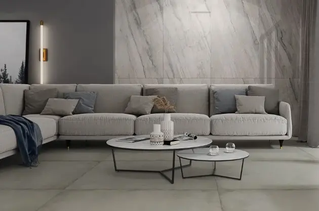 Gray porcelain tile in various shades that balances décor when used strategically on walls or floors.