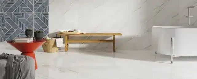 Polished porcelain perfect for medium traffic areas, applicable in various environments.