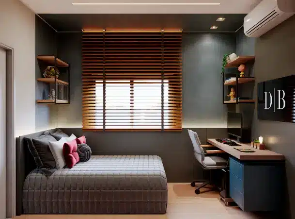 Burned cement coating is perfect for a modern décor in a teenage boy
