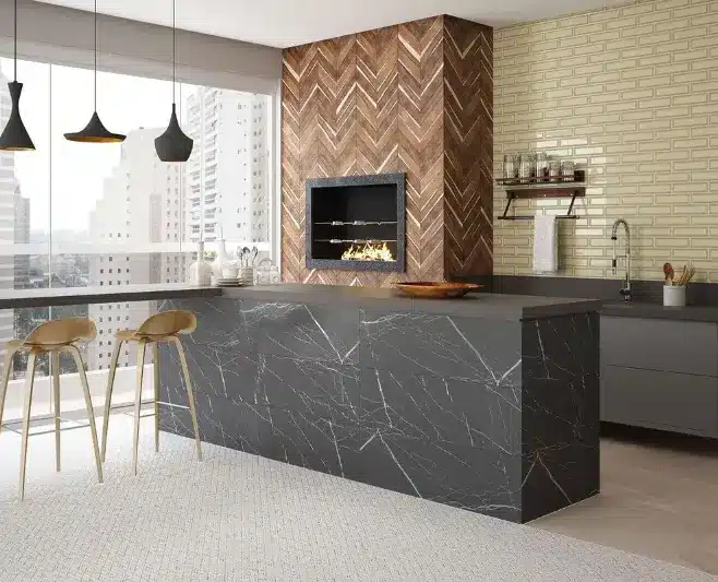 The yellow inverted tile was specified in the backsplash of this modern kitchen – Photo: Ceusa