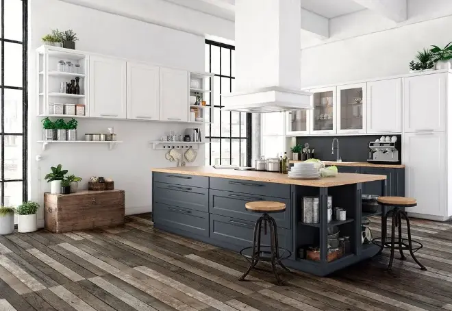 Celeiro Sul foi aplicado no piso desta cozinha com décor rústico e moderno – Foto: Ceusa