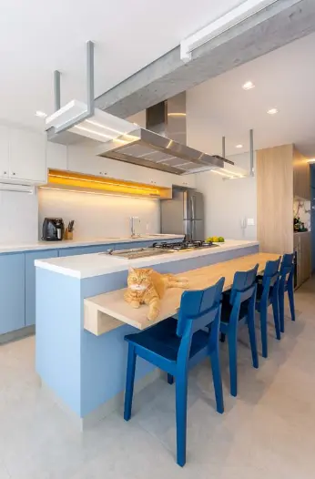 Island with cooktop + countertop + royal blue chairs – Project: Rafaella Grasnoff – Loft 7 Architecture | Photo: Dam Mol