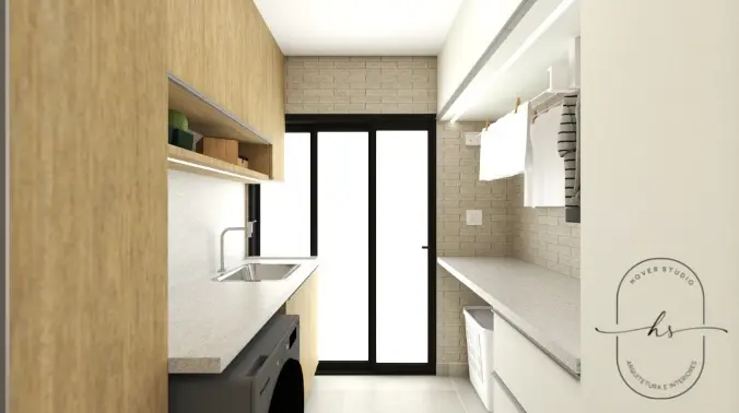 Existem vários tipos de varais retráteis para a lavanderia pequena – Projeto: Hover Studio Arquitetura e Interiores | Foto: Projeto renderizado