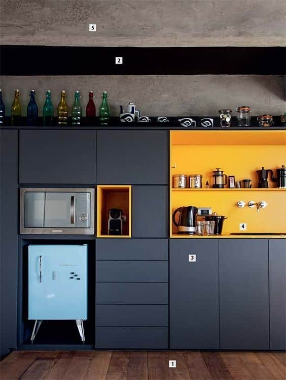 10. A kitchen with niches in a stronger color gains more life and cheerfulness! The chosen color in this model was yellow, also present in other details.