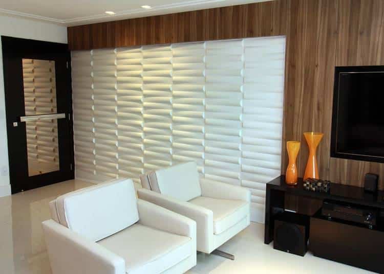 3D plaster wall covering in white, bringing modernity and elegance to the living room.