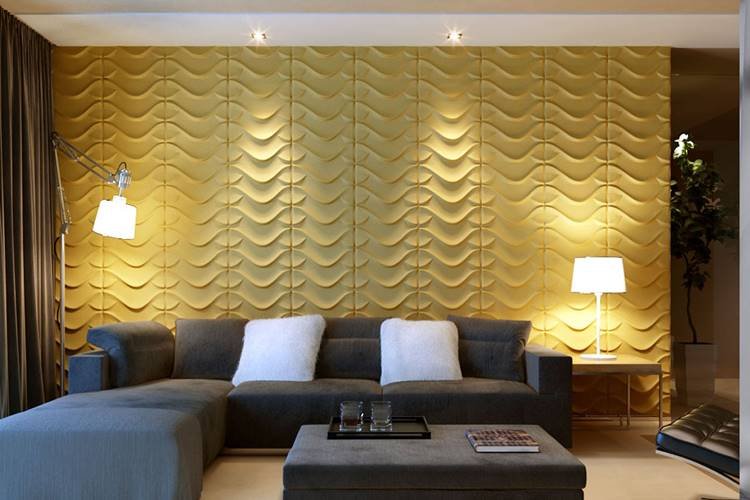 The yellow color of this 3D wall matched very well with the environment. Realize that combining yellow with gray always gives a perfect harmony to any decoration.
