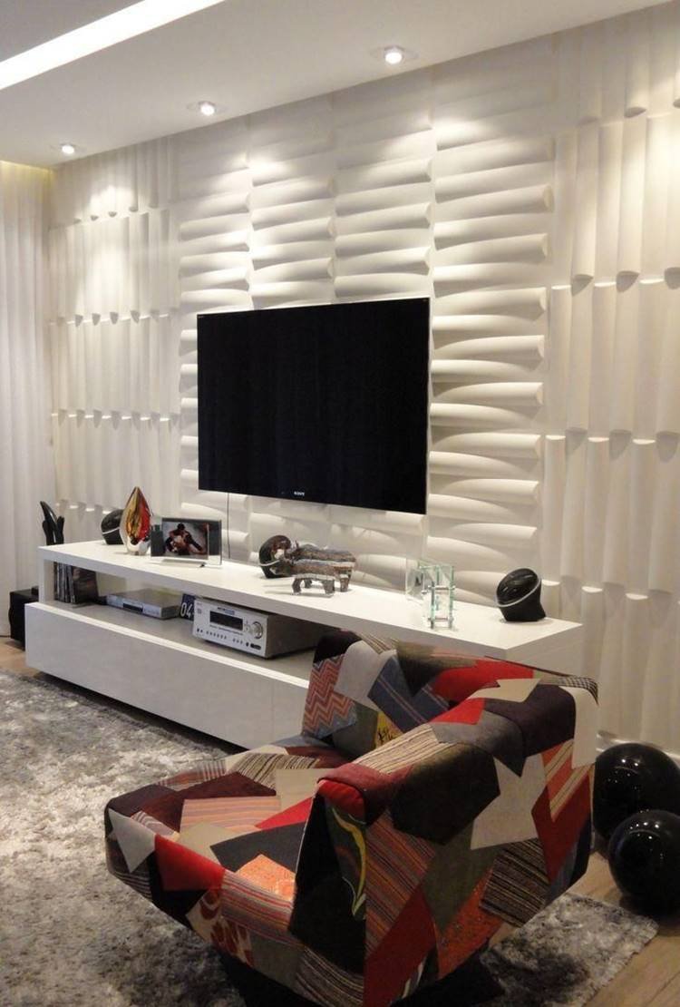 3D plaster wall with TV that gave a more special and attractive touch to this living room.