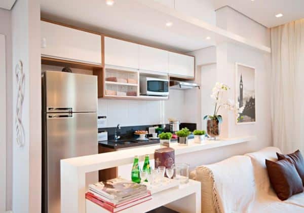 Plaster partition for an American kitchen, allowing the room to be connected to the living room.