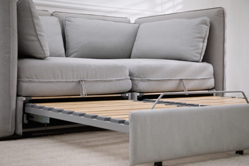 Retractable bed sofa light gray opened