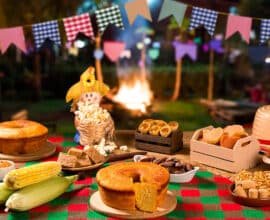 Decoração de Festa Junina com bandeirinhas e itens tradicionais da celebração