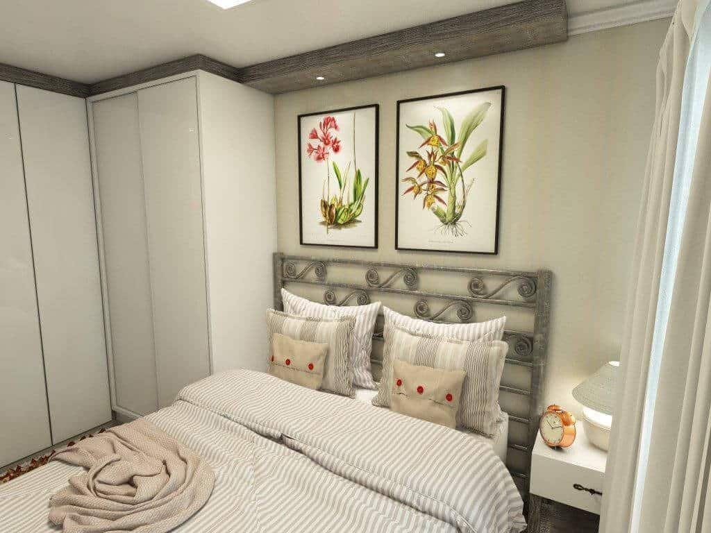 Guarda-roupa planejado branco em quarto de casal pequeno.