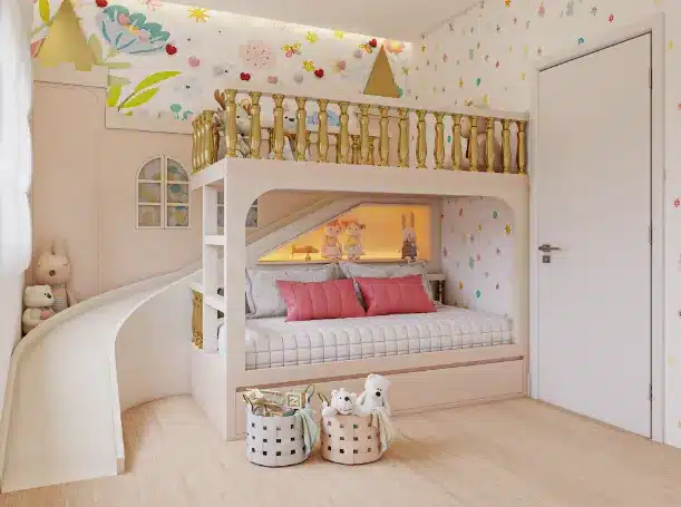 Cores para quartos infantis: beliche, escorregador e decoração lúdica com temas de contos de fadas – Projeto: Rodrigo Baleeiro – Dbale Arquitetura