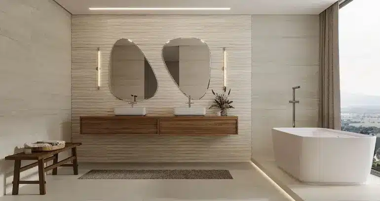 O porcelanato Mezzo Be Nat é um produto versátil e elegante, com acabamento natural e borda retificada. Adequado para todas as áreas residenciais e ambientes comerciais de alto tráfego, ele apresenta variação visual moderada (V3) – Foto: Portinari