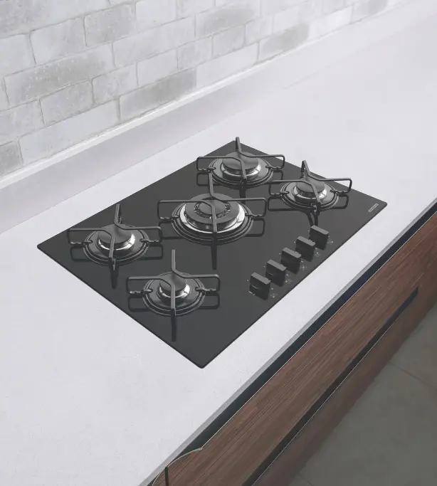 Cooktop a Gás Tramontina Penta em Vidro Temperado Preto com Trempes em Aço Carbono e Acendimento superautomático 5 Queimadores.