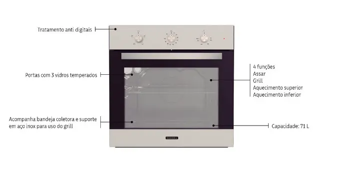 Forno Elétrico de Embutir Tramontina Inox Basic 60 F4 em Aço Inox tem quatro funções: assar, grill, aquecimento superior e aquecimento inferior.
